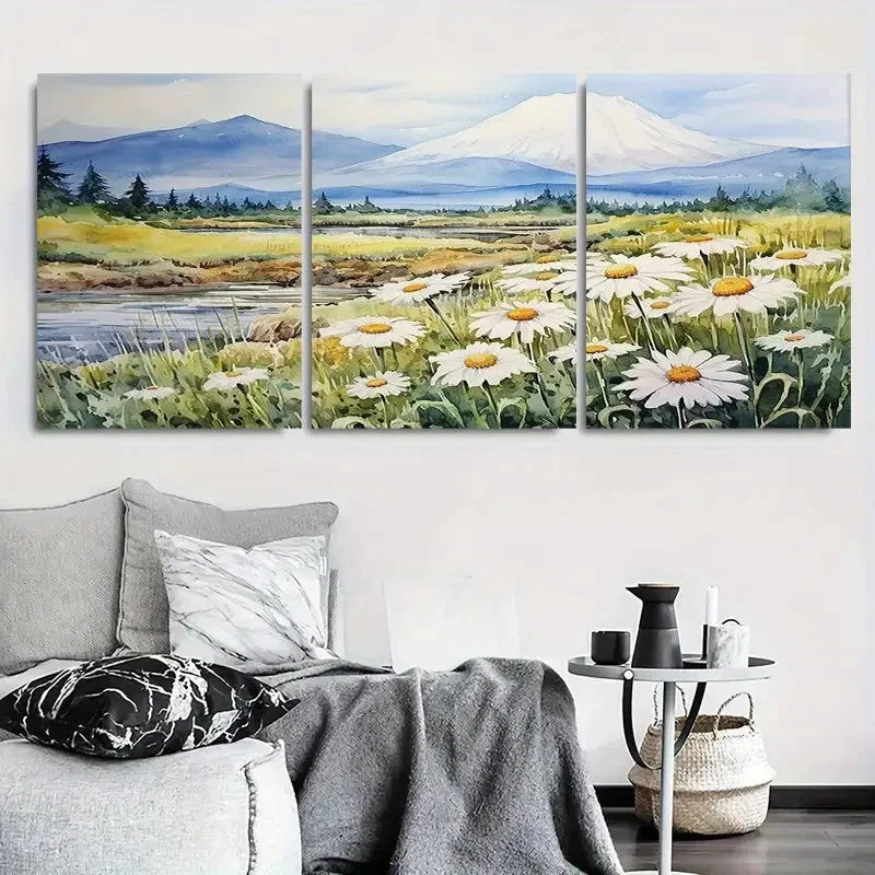 3pcs Daisies and Mount Fuji Scenic Metal Print Ready to Hang Art - Bella Home Decor