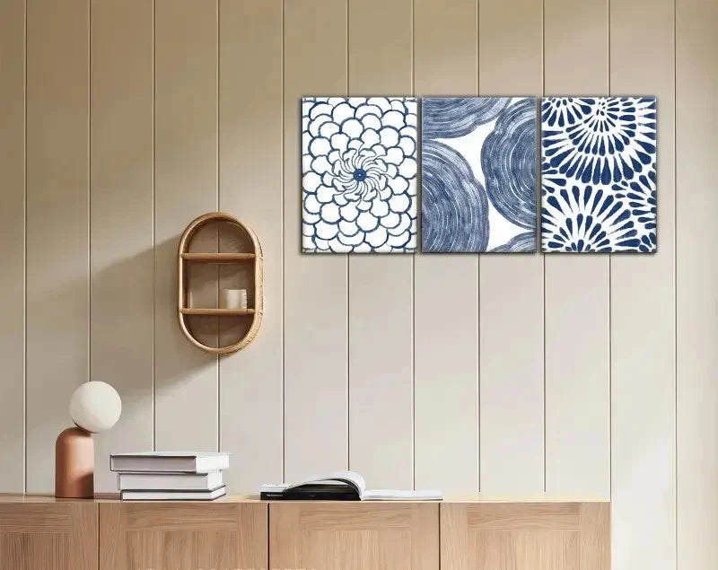 3pcs Blue Floral and Abstract Design Metal Print Ready to Hang Art - Bella Home Decor