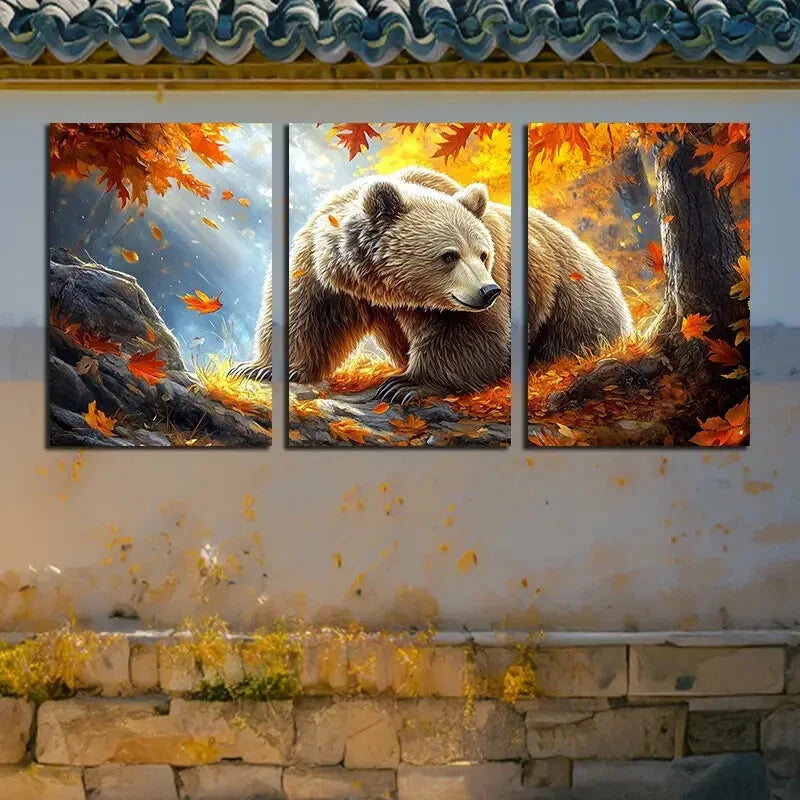 3pcs Bear in Autumnal Forest Scene with Leaves Metal Print Ready to Hang Art - Bella Home Decor