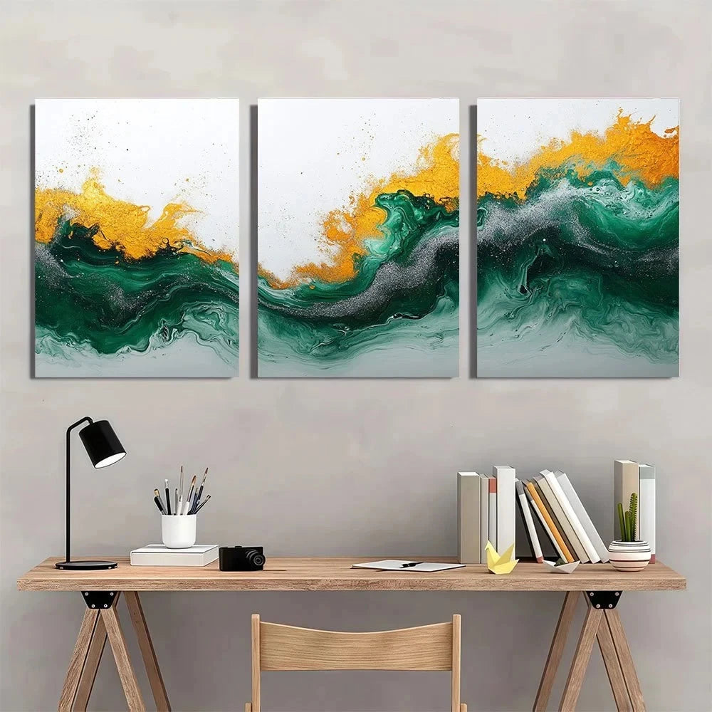3pcs Emerald Green and Silvery Golden Metal Print Ready to Hang Art