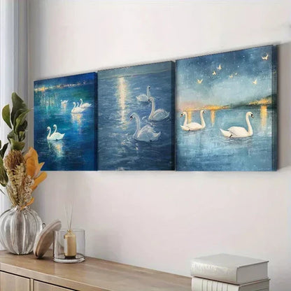 3pcs A Group Of Swans In The Water  Wall Art Set Canvas Unframed - High Quality Print 100% Australian Made Wall Canvas - Bella Home Decor