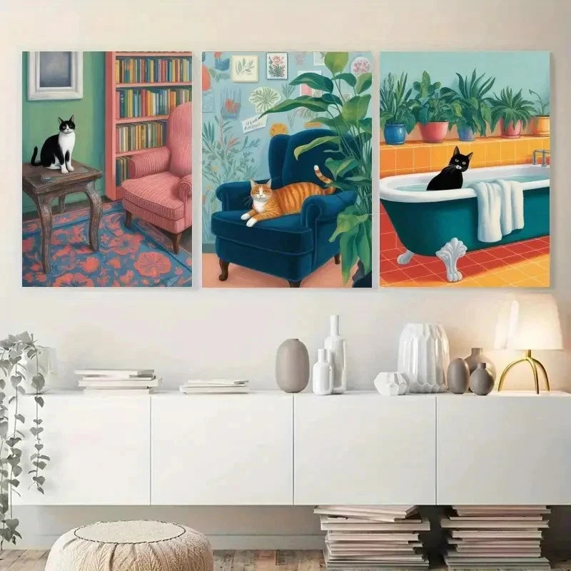 3pcs Bookshelf Armchair Bathtub Houseplants Cat Metal Print Ready to Hang Art - Bella Home Decor