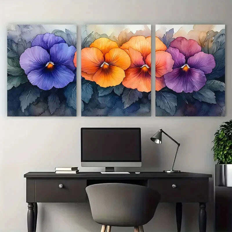3pcs Vibrant Tricolor Pansy Elegant Floral Metal Print Ready to Hang Art - Bella Home Decor