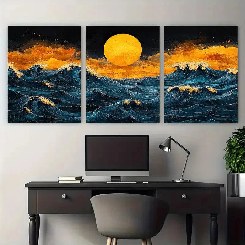 3pcs Japanese Wave Pattern in Yellow Navy Teal Wall Art Set Canvas Framed 40x60cm - High Quality Print 100% Australian Made Wall Canvas Ready to Hang