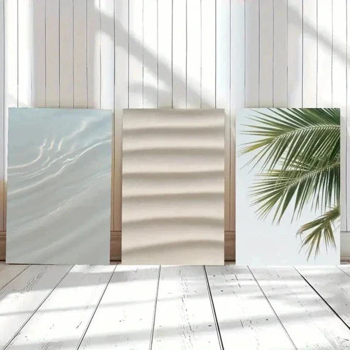 3pcs Water Reflection, Sand Texture, Palm Leaf Wall Art Canvas Unframed - High Quality Print 100% Australian Made Wall Canvas