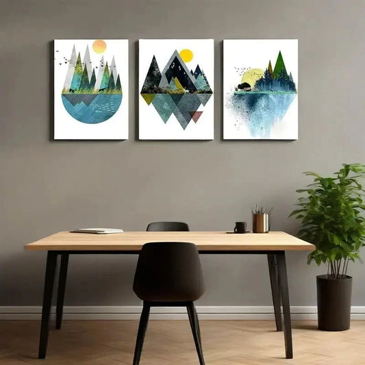 3pcs Abstract Geometric Mountain Landscape Metal Print Ready to Hang Art