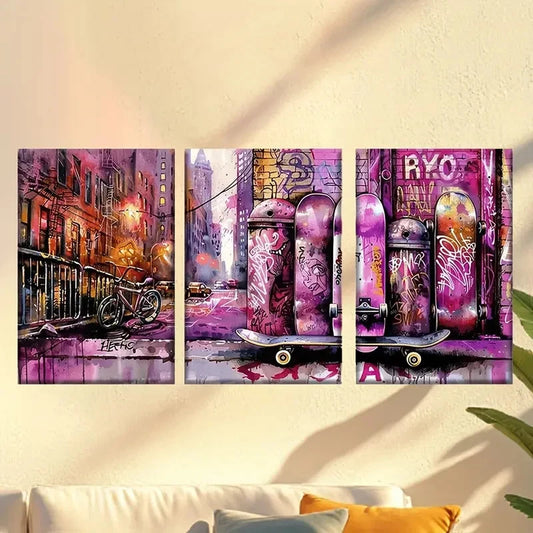 3pcs Colorful Abstract Skateboard Art Wall Art Set Canvas Framed 60x90cm - High Quality Print 100% Australian Made Wall Canvas Ready to Hang