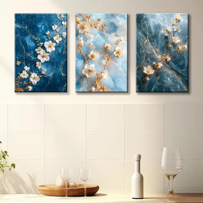 3pcs Blue, White & Golden Flowers Wall Art Set Canvas Framed 60x90cm - High Quality Print 100% Australian Made Wall Canvas Ready to Hang - Bella Home Decor