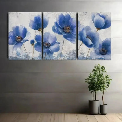 3pcs Blue Floral Design with Golden Accents Metal Print Ready to Hang Art - Bella Home Decor