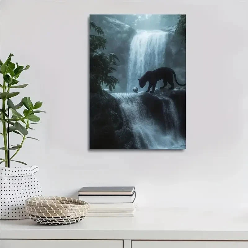 Photorealistic Panther Playing with Ball Near Painting 40x60cm Metal Print Ready to Hang - Bella Home Decor
