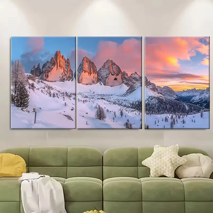 3pcs Snow-Capped Peaks and Sunset Sky Metal Print Ready to Hang Art