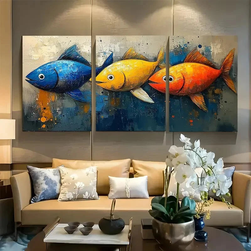 3pcs Abstract Blue Sea with Vibrant FIsh Design Metal Print Ready to Hang Art