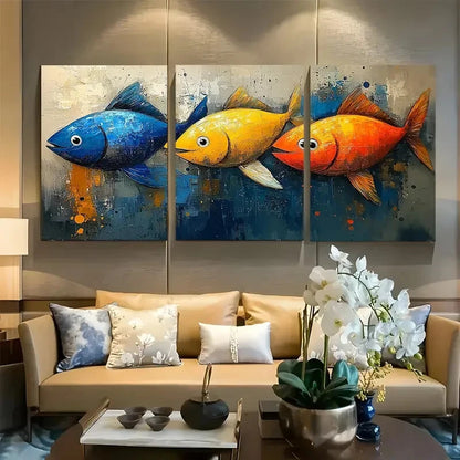 3pcs Abstract Blue Sea with Vibrant FIsh Design Metal Print Ready to Hang Art