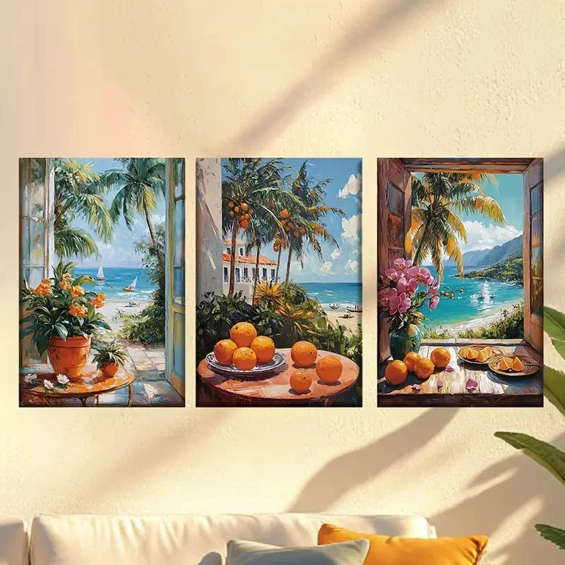 3pcs Beach with Palm Trees, Oranges & Flower 50x70cm - High Quality Print 100% Australian Made Wall Canvas Ready to Hang - Bella Home Decor
