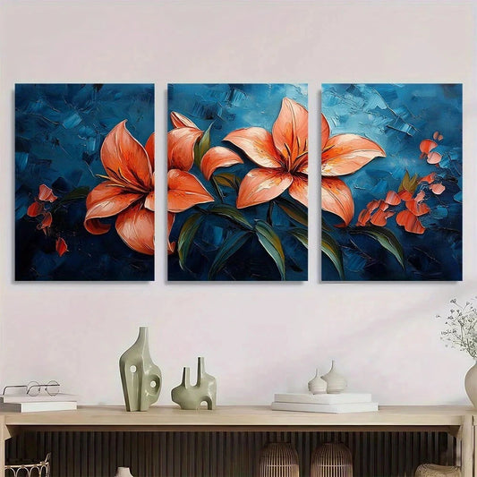 3pcs Lily Flower Colourful Green Leaves Metal Print Ready to Hang Art