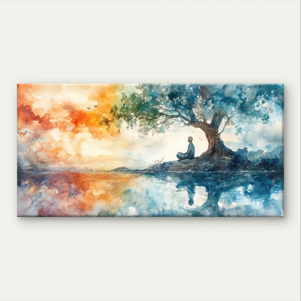 Meditating Under Tree Watercolour Wall Art Canvas Office Home Framed 120x60cm