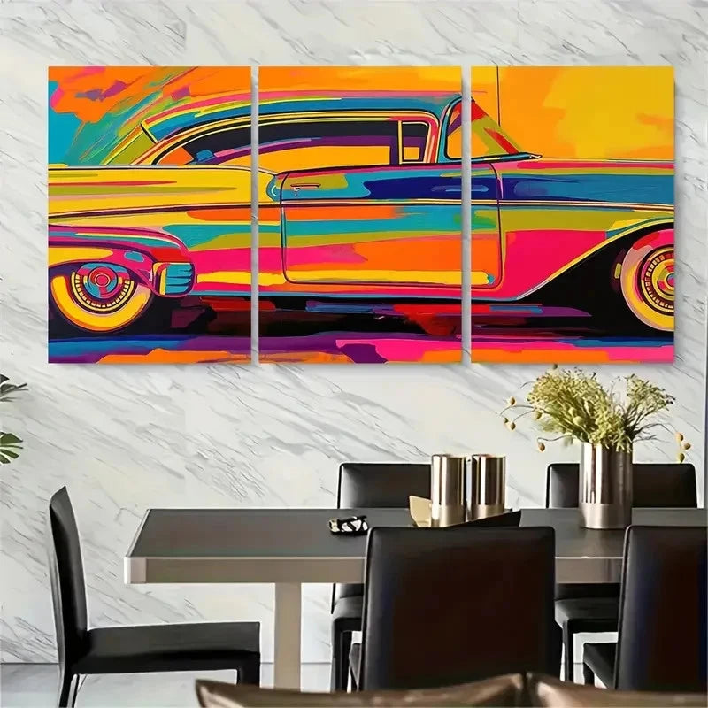 3pcs Andy Warhol-Inspired Vintage Car Metal Print Ready to Hang Art - Bella Home Decor