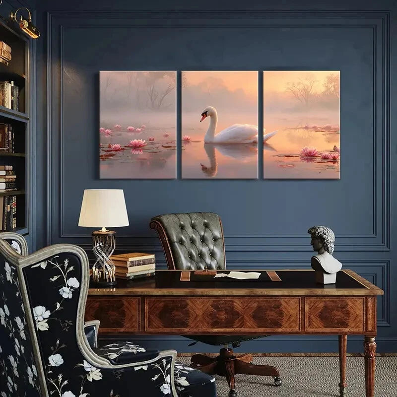 3pcs Serene Lake Enchanting Swan & Pink Lotus Metal Print Ready to Hang Art