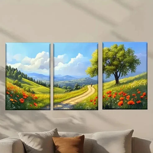 3pcs Landscape with Rolling Hills & Wildflowers Wall Art Canvas Unframed - High Quality Print 100% Australian Made Wall Canvas