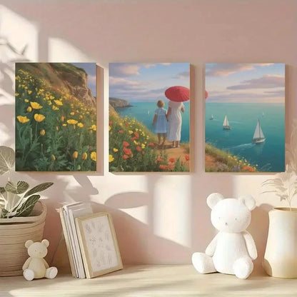 3pcs Seaside Cliff Wildflowers Landscape Painting Metal Print Ready to Hang Art