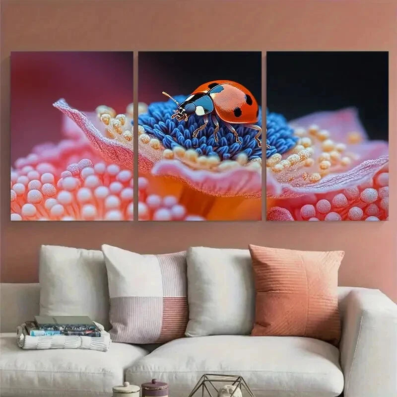 3pcs Anemone Flower with Curious Ladybug Metal Print Ready to Hang Art - Bella Home Decor