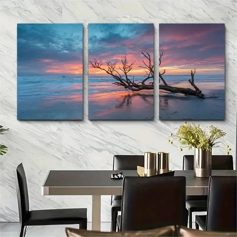 3pcs Tree Branch On The Beach At Dusk Perfect Wall Art Set Canvas Framed 50x70cm - High Quality Print 100% Australian Made Wall Canvas Ready to Hang