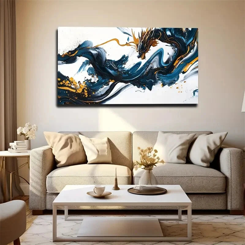Blue Black Golden Abstract Wall Art Canvas Office Home Room Framed 120x60cm - Bella Home Decor