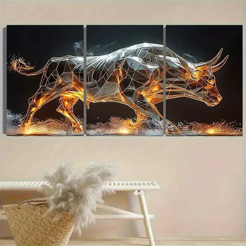 3pcs Digital Bull Sculpture Vintage Wall Art Canvas Unframed - High Quality Print 100% Australian Made Wall Canvas - Bella Home Decor