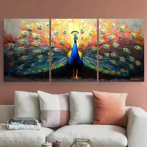 3pcs Enchanting Peacock Bird Impasto Design Wall Art Canvas Unframed - High Quality Print 100% Australian Made Wall Canvas