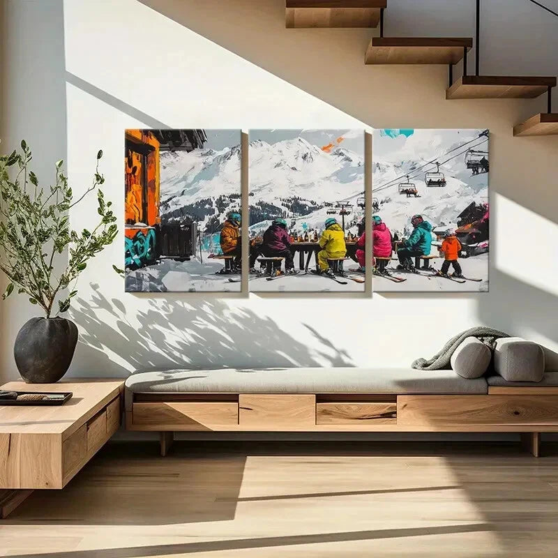 3pcs Snowy Mountains Ski Resort Cable Cars Metal Print Ready to Hang Art - Bella Home Decor
