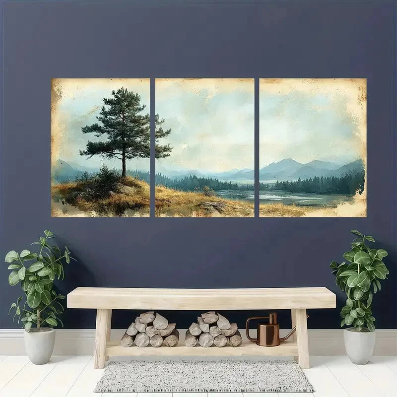 3pcs Vintage Pine Tree Panoramic Landscape Metal Print Ready to Hang Art - Bella Home Decor