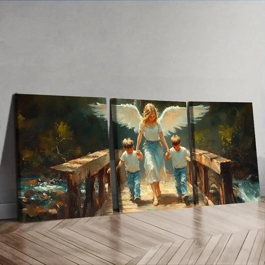 3pcs Angel and Youngsters on Bridge Wall Art Set Canvas Framed 50x70cm - High Quality Print 100% Australian Made Wall Canvas Ready to Hang