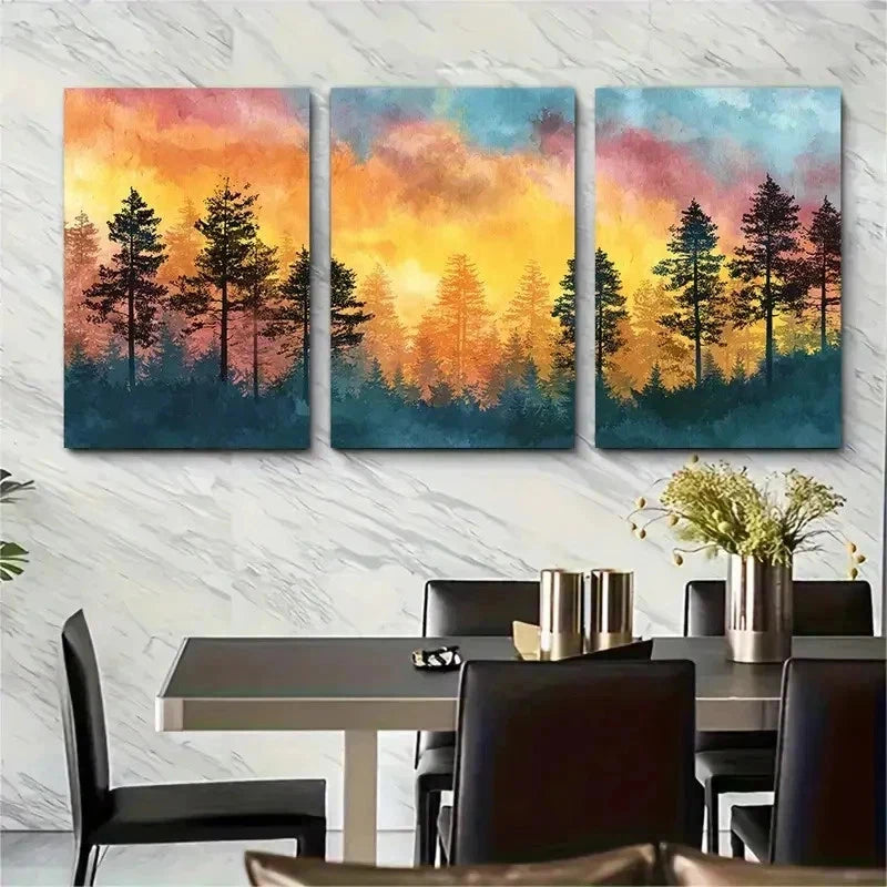 3pcs Vibrant Summer Sky With Pine Trees Perfect Wall Art Set Canvas Framed 50x70cm - High Quality Print 100% Australian Made Wall Canvas Ready to Hang