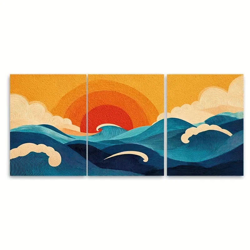 3pcs Sun Sea Waves Tan Metal Print Ready to Hang Art