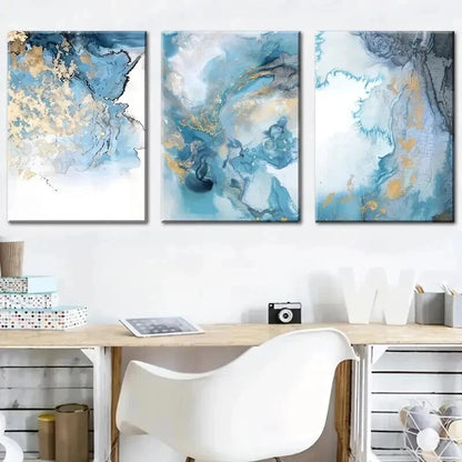 3pcs Nordic Blue & Golden Abstract Prints Wall Art Set Canvas Framed 60x90cm - High Quality Print 100% Australian Made Wall Canvas Ready to Hang