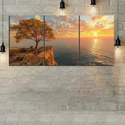 3pcs Sun Setting Over An Ocean with Trees Art Set Canvas Unframed - High Quality Print 100% Australian Made Wall Canvas