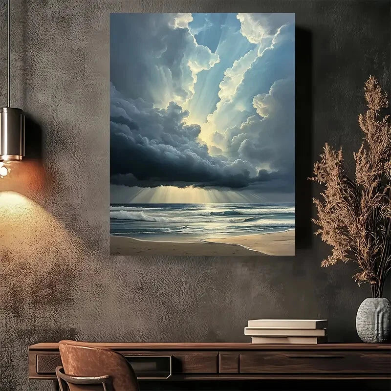 Beautiful Ocean Rays Of Light Vibrant Beach Painting 40x60cm Metal Print Ready to Hang - Bella Home Decor