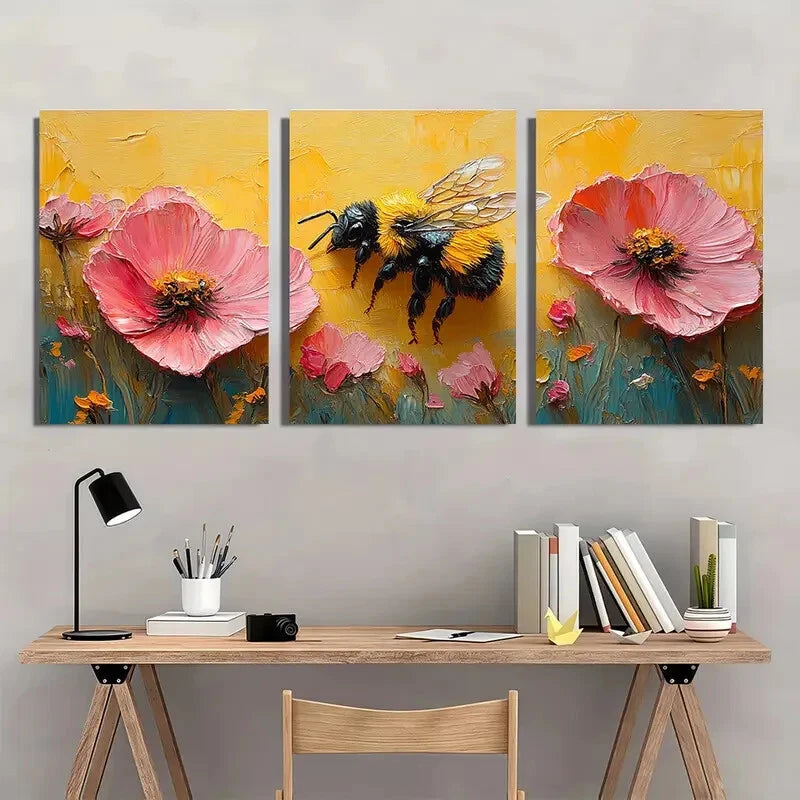 3pcs Colorful Honeybee and Pink Flowers Metal Print Ready to Hang Art