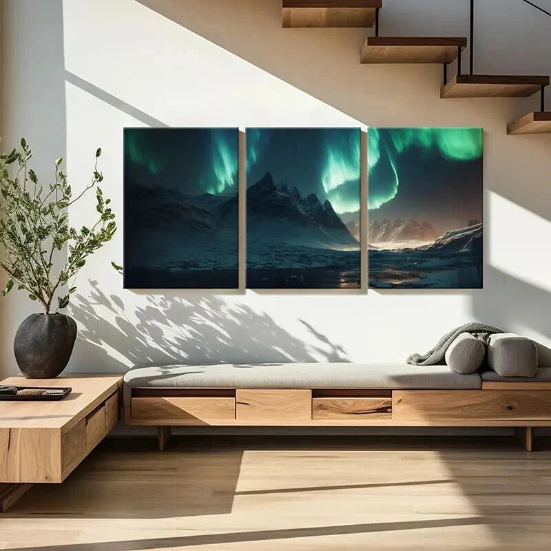 3pcs Snow Mountains Aurora Northern Lights Wall Art Set Canvas Framed 60x90cm - High Quality Print 100% Australian Made Wall Canvas Ready to Hang - Bella Home Decor