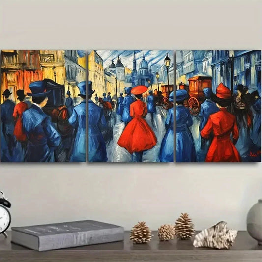 3pcs Vibrant Market Scene with People in Red Blue Metal Print Ready to Hang Art