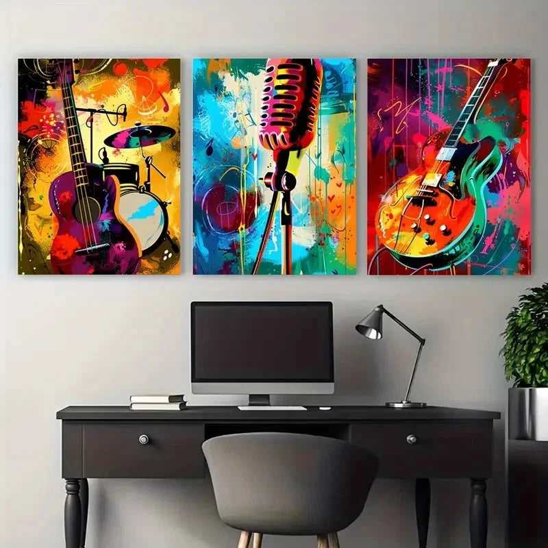 3pcs Abstract Guitar Drum and Microphone Metal Print Ready to Hang Art - Bella Home Decor