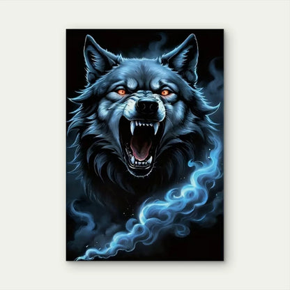 Dark Blue & Black Wolf Portrait with Glowing Eyes Metal Print Ready to Hang