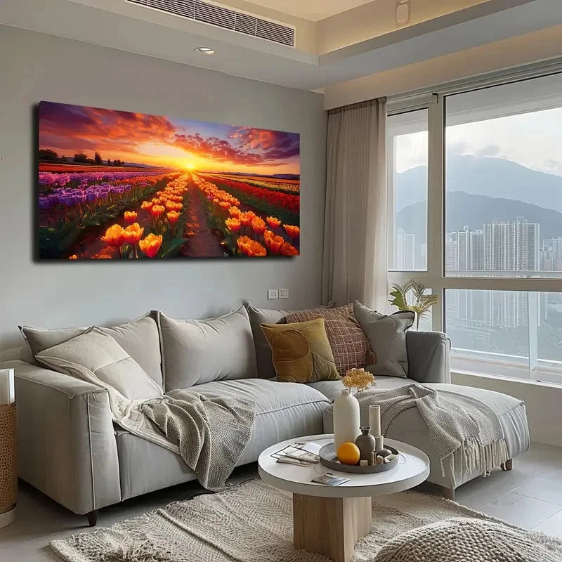 Vibrant Sunset Flower Field Wall Art canvas office home room framed 120x60cm