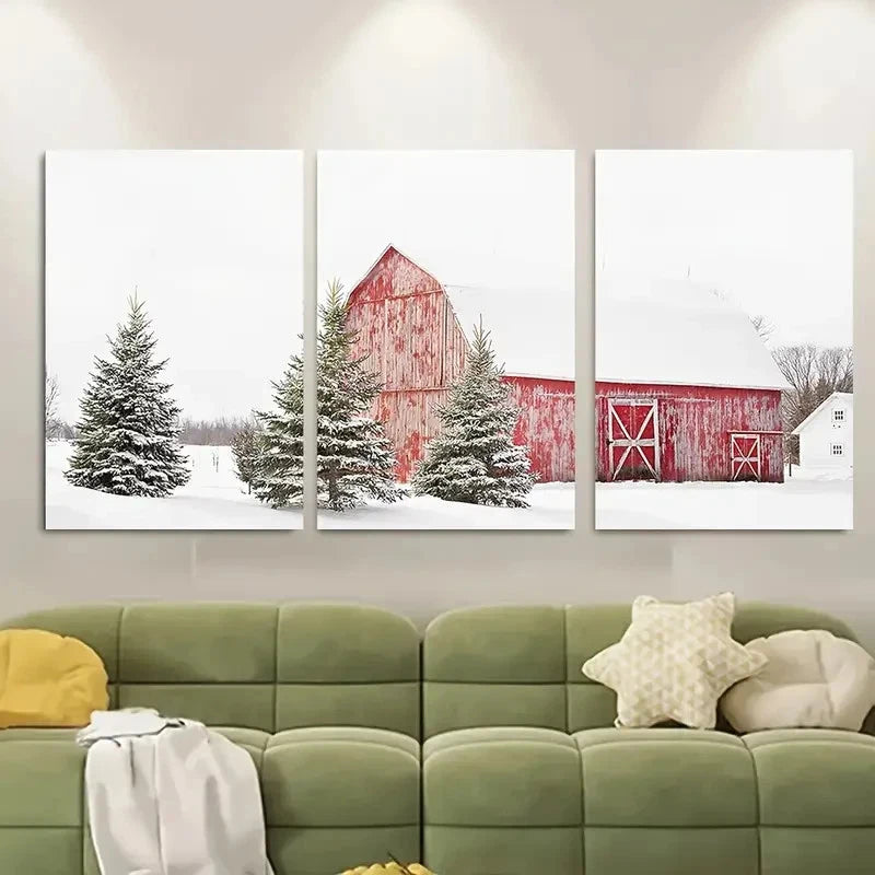 3pcs Winter Barn In Snow Rustic Design Metal Print Ready to Hang Art