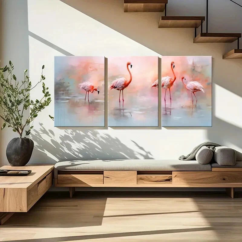 3pcs Pink Flamingo Abstract Animal Art Soft Colors Metal Print Ready to Hang Art - Bella Home Decor