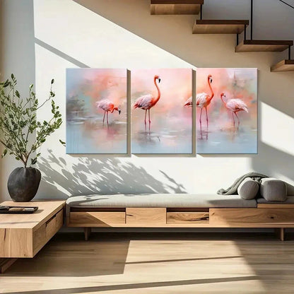 3pcs Pink Flamingo Abstract Animal Art Soft Colors Metal Print Ready to Hang Art - Bella Home Decor