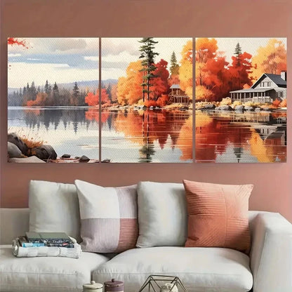 3pcs Autumn Cozy Cabin on The Lake Landscape Metal Print Ready to Hang Art - Bella Home Decor