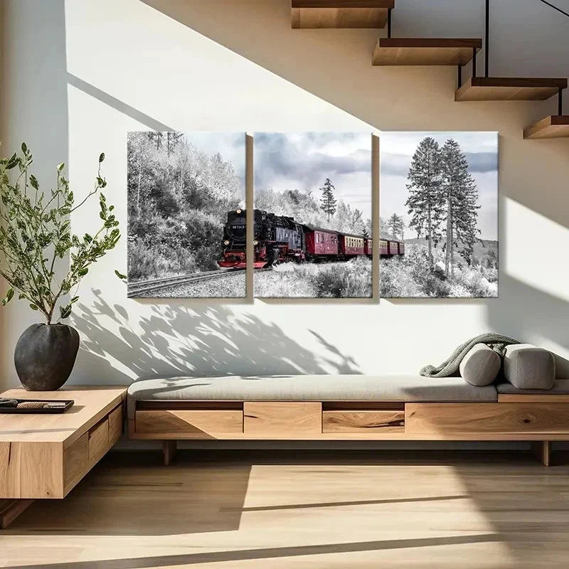 3pcs Winter Nature Snow Scene Steam Train Wall Art Set Canvas Framed 50x70cm - High Quality Print 100% Australian Made Wall Canvas Ready to Hang - Bella Home Decor