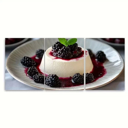 3pcs Vanilla Panna Cotta Dessert & Blackberry Wall Art Set Canvas Framed 50x70cm - High Quality Print 100% Australian Made Wall Canvas Ready to Hang