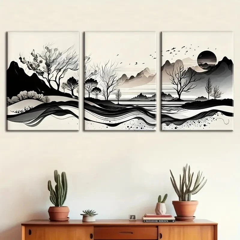 3pcs Nature Mountain Scenery with Black & White Metal Print Ready to Hang Art - Bella Home Decor